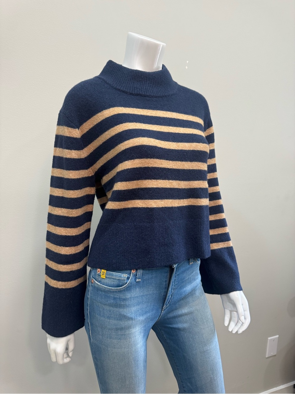 J.CREW Deck Striped Turtleneck Sweater in classic navy blue and camel/tan.